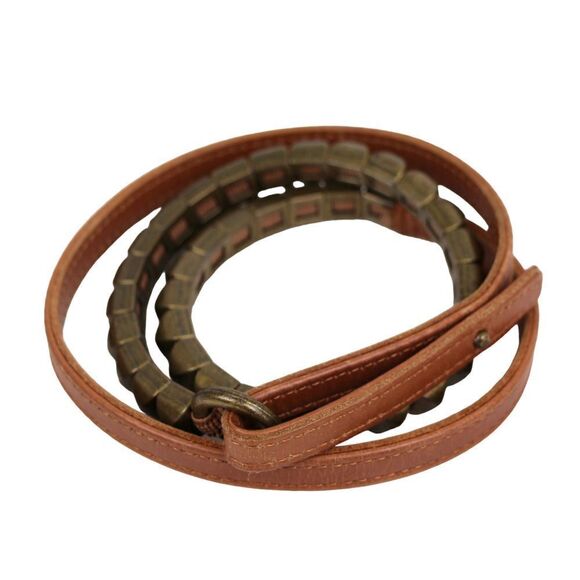 SKINNY STUDS ELASTIC BROWN GENUINE LEATHER 0.5"Wd DRESS CASUAL BELT Sz S/M (E98 - Picture 1 of 7